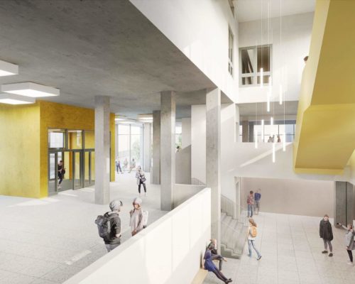 Projektplan zum Neubau der Beruflichen Schulen Rheinbau. Man sieht den BSR-Campus von innen.